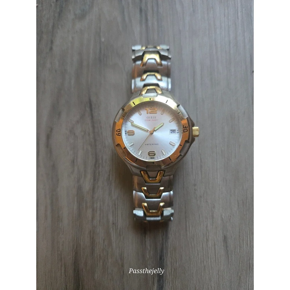 VTG GUESS Watch Mens Waterpro G65025G Two Tone Gold Date Quartz 100M Sport Y2K